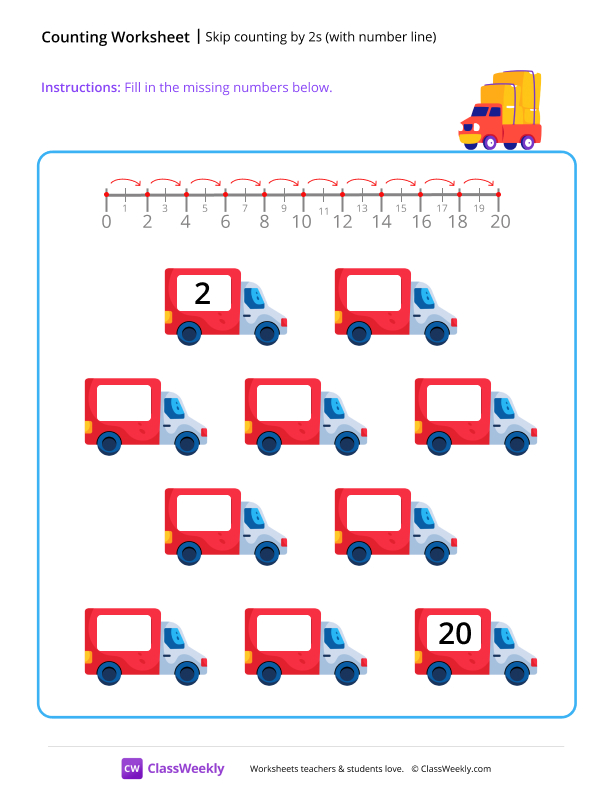 Skip counting by 2s (with number line) worksheet preview
