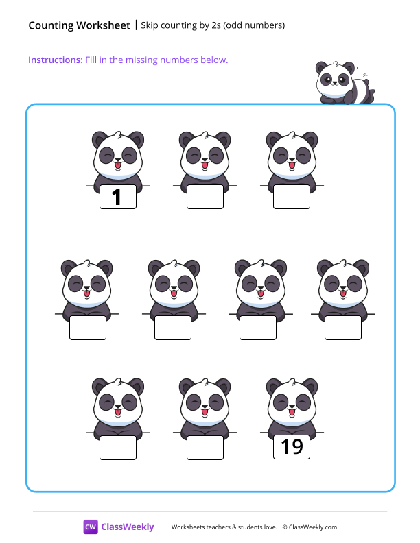 Skip counting by 2s (odd numbers) - Panda worksheet preview