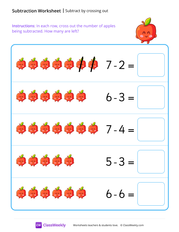 Subtract by crossing out - Apple worksheet preview