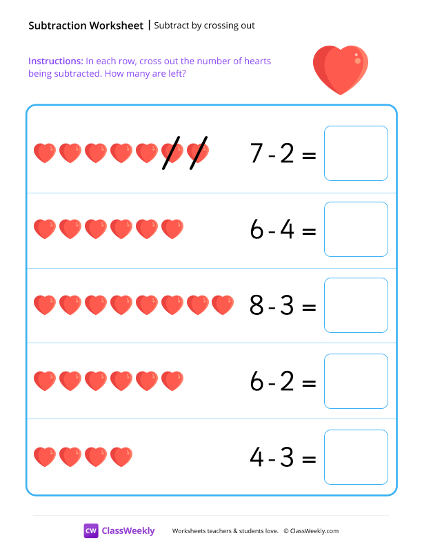 Subtract by crossing out - Heart worksheet preview