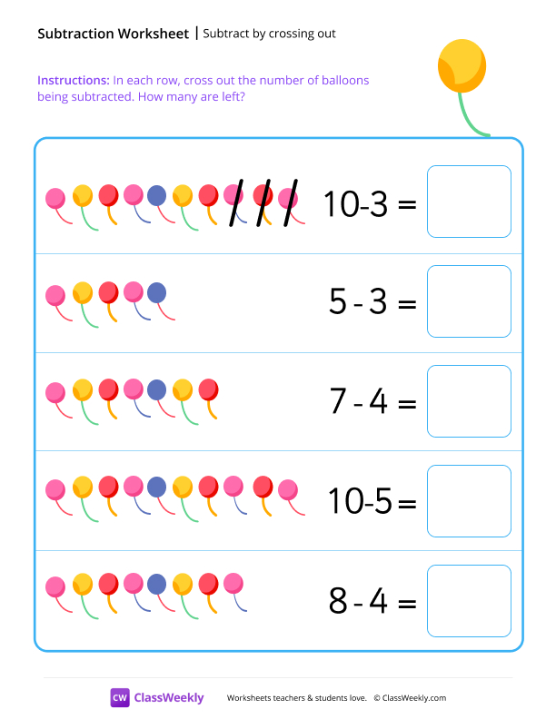 Subtract by crossing out - Balloon worksheet preview