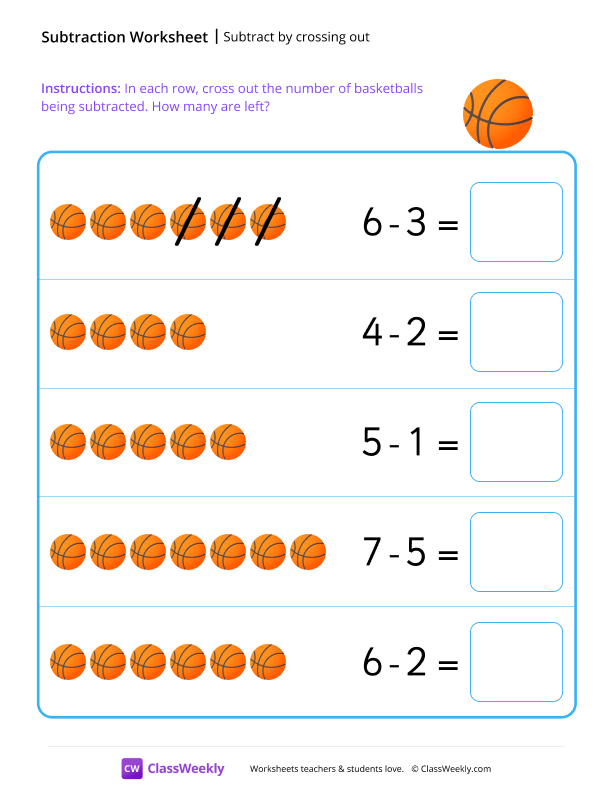 Subtract by crossing out - Basketball worksheet preview