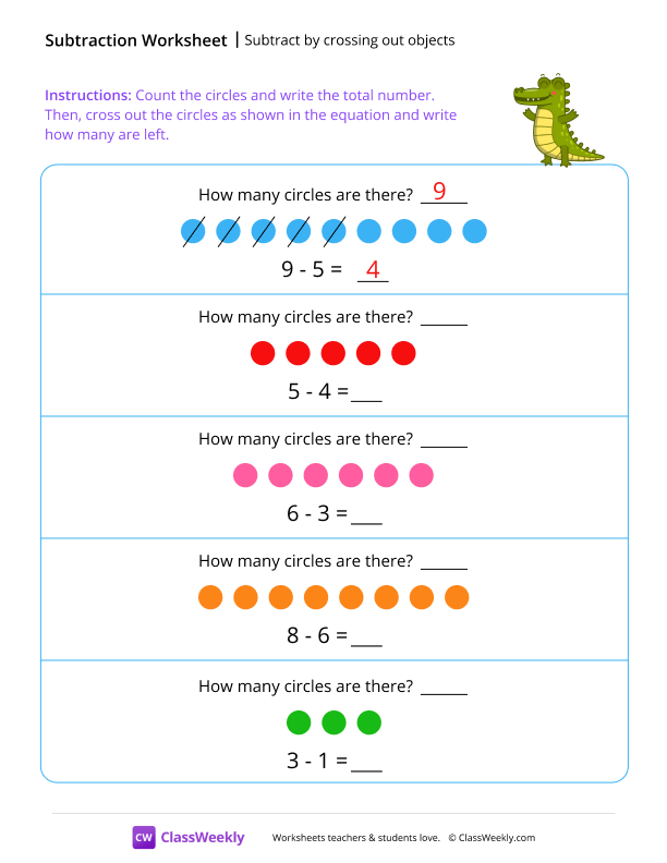 Subtract by crossing out objects - Croc worksheet preview