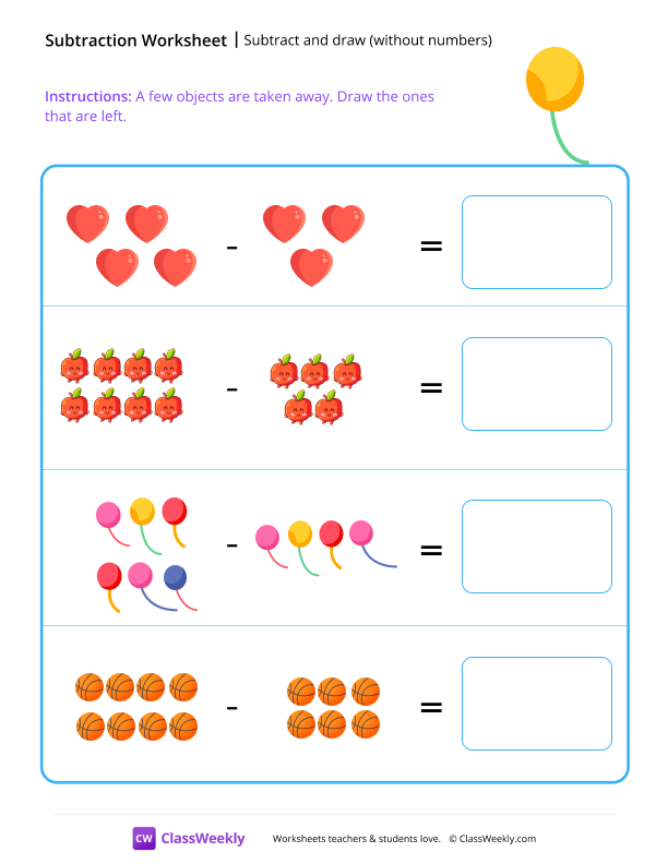 Subtract and draw (without numbers) - Balloon worksheet preview