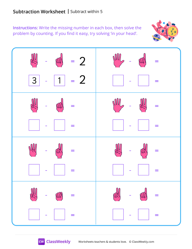 Subtract within 5 - Astronaut worksheet preview