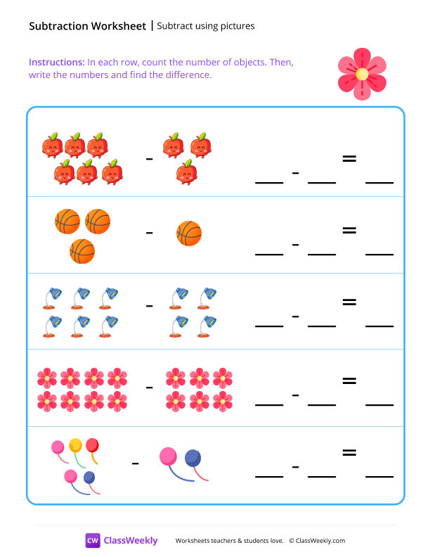 Subtract using pictures worksheet preview