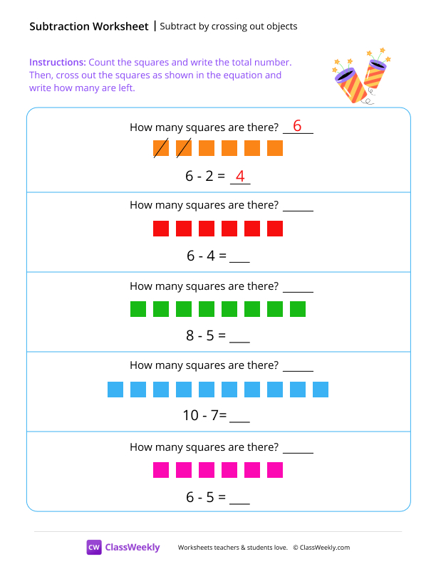 Subtract by crossing out objects - Confetti worksheet preview