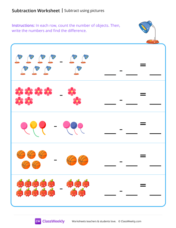 Subtract using pictures worksheet preview