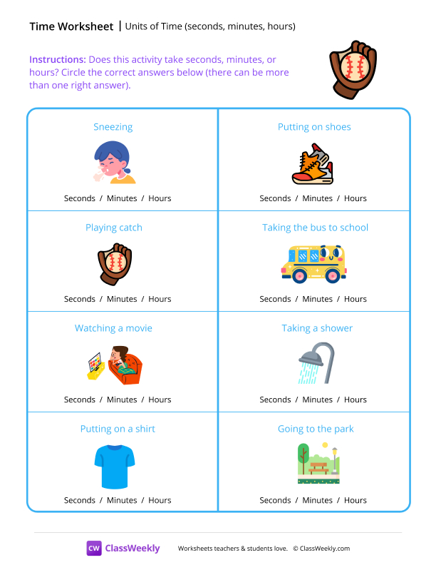Units of Time (seconds, minutes, hours) worksheet preview