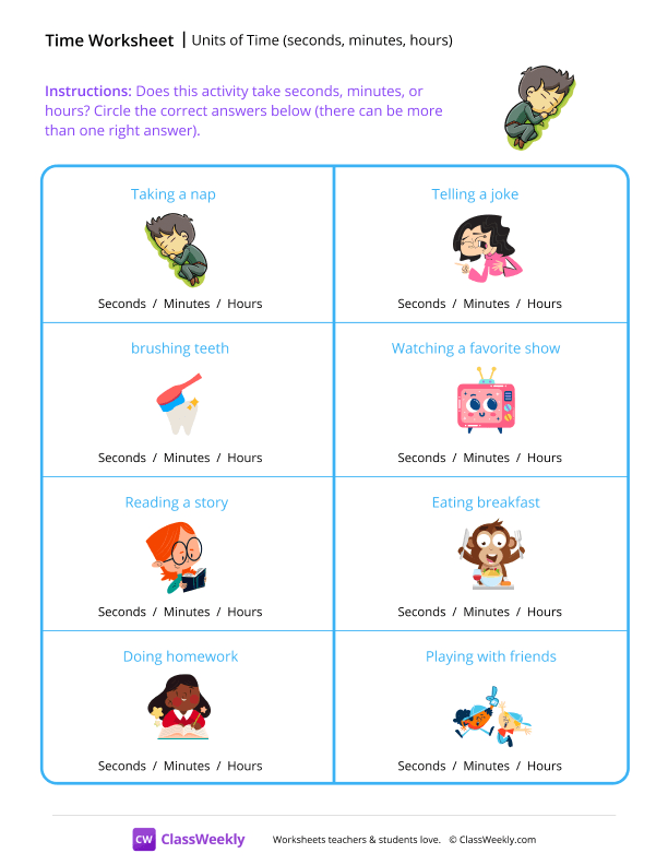 Units of Time (seconds, minutes, hours) - Napping worksheet preview