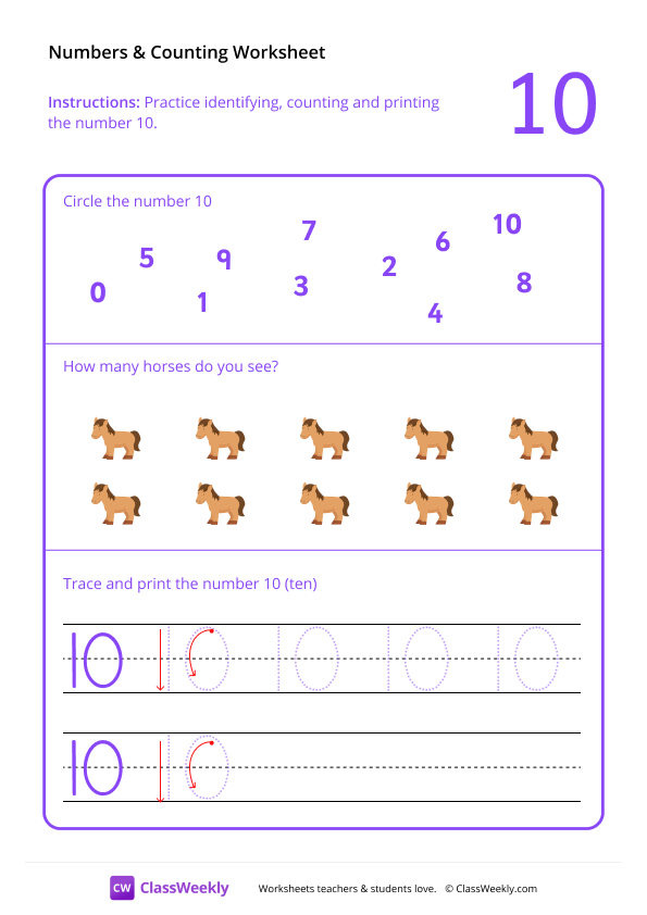 Counting and Tracing Numbers: 10 worksheet preview