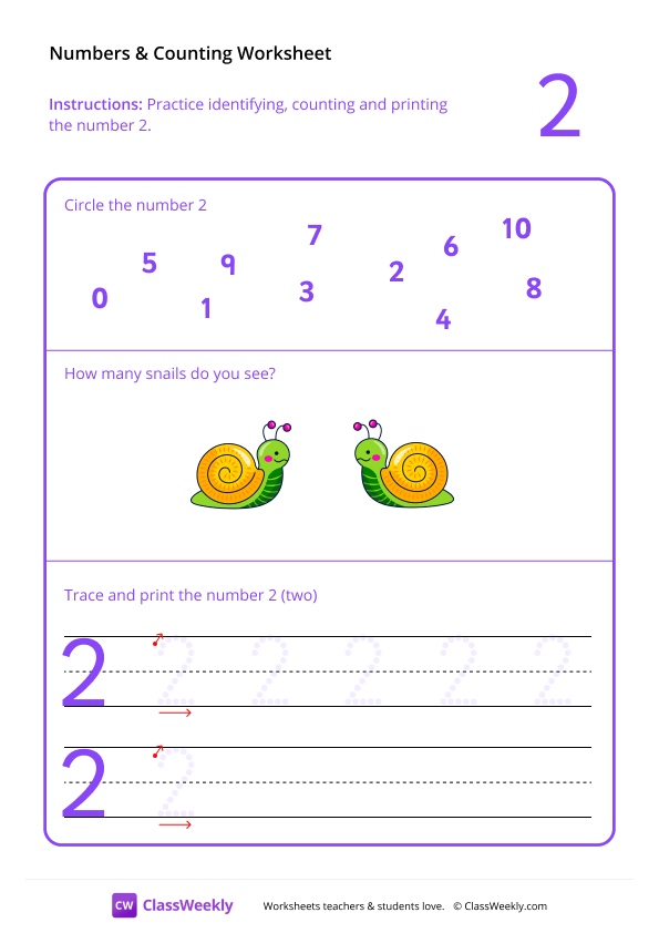 Counting and Tracing Numbers: 2 worksheet preview