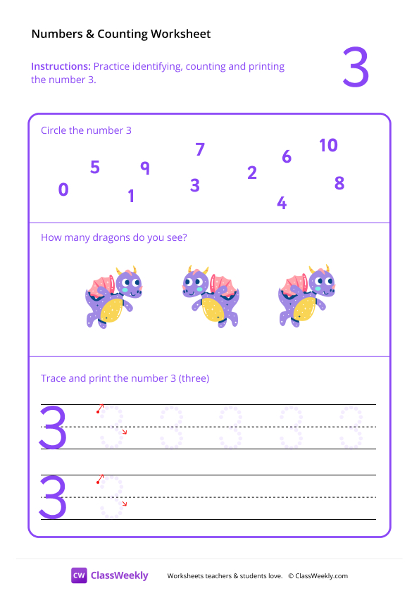 Counting and Tracing Numbers: 3 worksheet preview