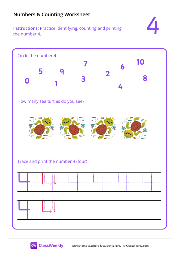 Counting and Tracing Numbers: 4 worksheet preview