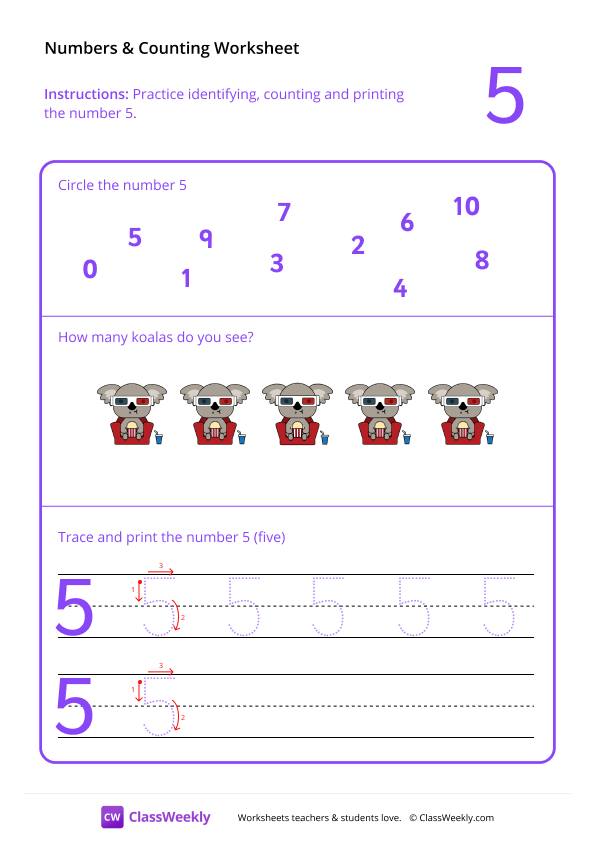 Counting and Tracing Numbers: 5 worksheet preview