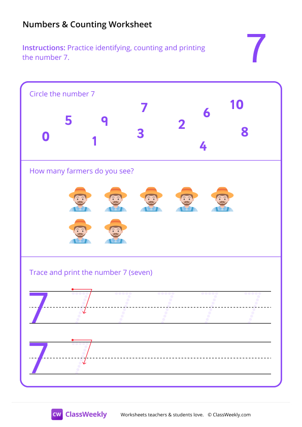 Counting and Tracing Numbers: 7 worksheet preview