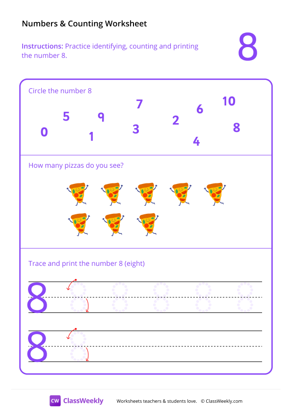 Counting and Tracing Numbers: 8 worksheet preview