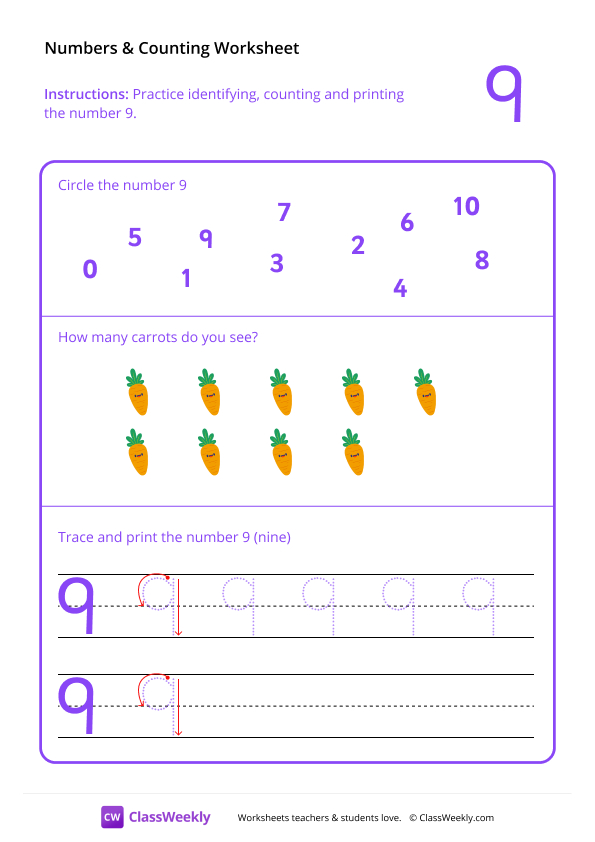Counting and Tracing Numbers: 9 worksheet preview