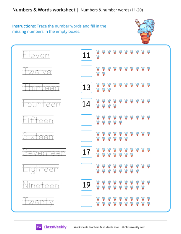 Numbers & number words (11-20) - Ice Cream worksheet preview
