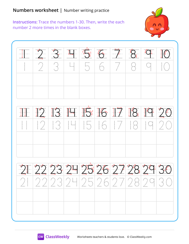 Number writing practice (1-30) worksheet preview