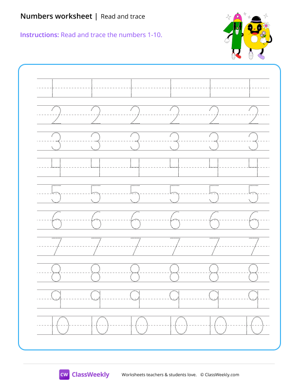 Read and trace the numbers (1-10) worksheet preview