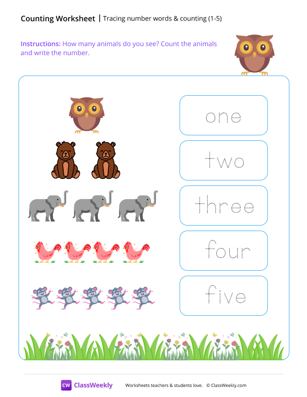 Tracing numbers & counting (1-5) - Owl worksheet preview
