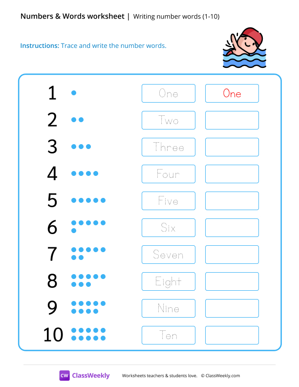 Writing number words (1-10) - Swim worksheet preview