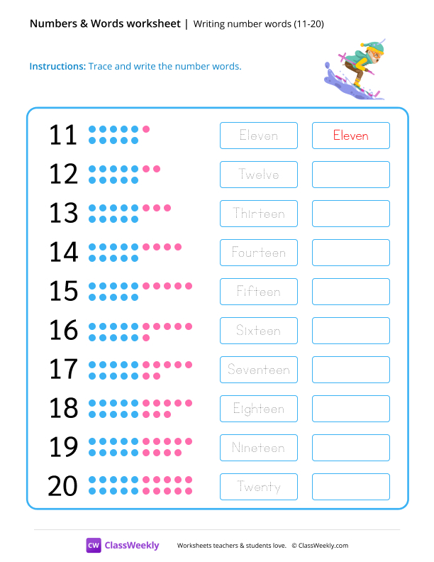 Writing number words (11-20) worksheet preview