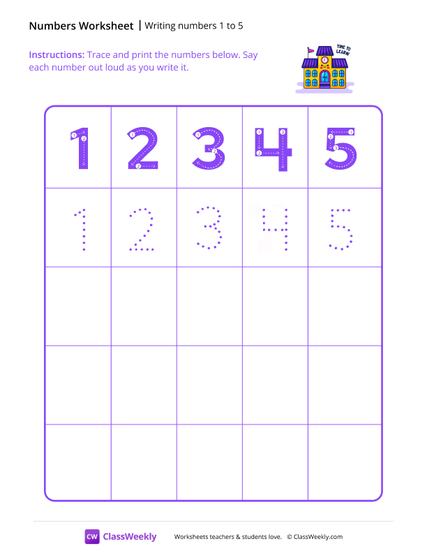 Writing numbers 1 to 5 worksheet preview