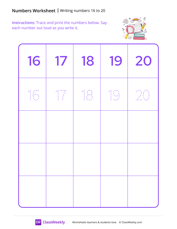 Writing numbers 16 to 20 worksheet preview