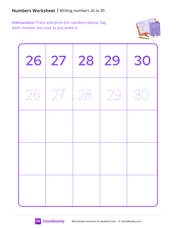 Writing numbers 26 to 30 worksheet preview