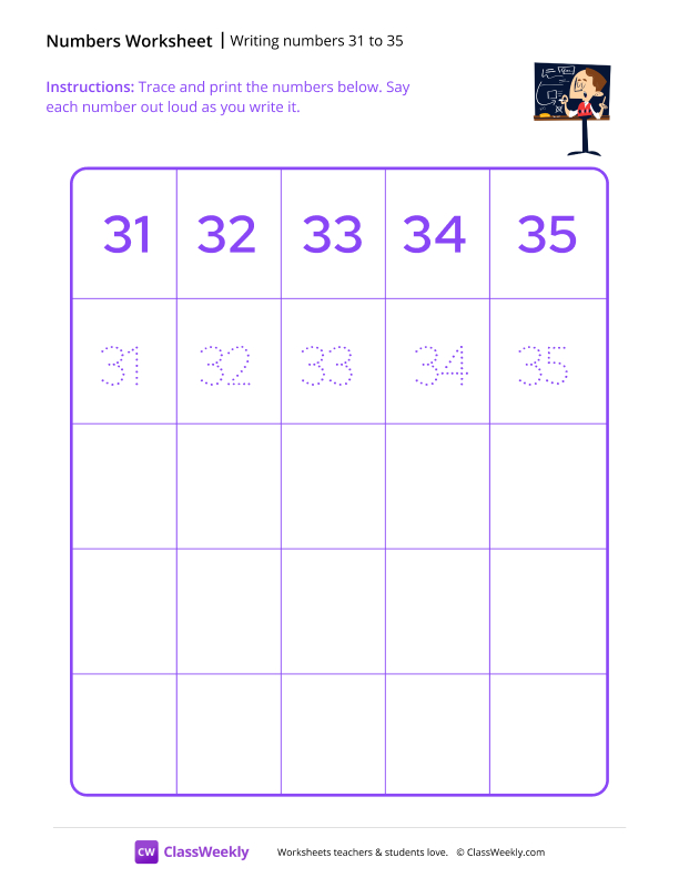 Writing numbers 31 to 35 worksheet preview