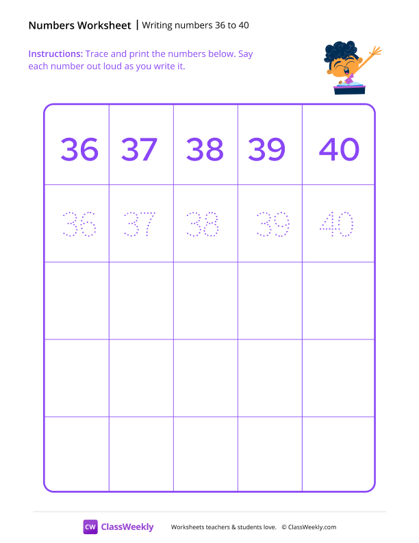 Writing numbers 36 to 40 worksheet preview