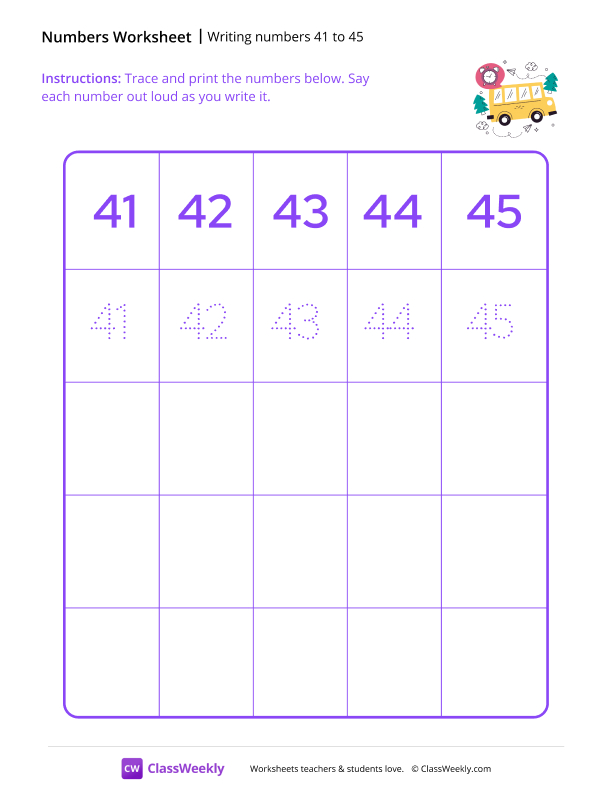 Writing numbers 41 to 45 worksheet preview