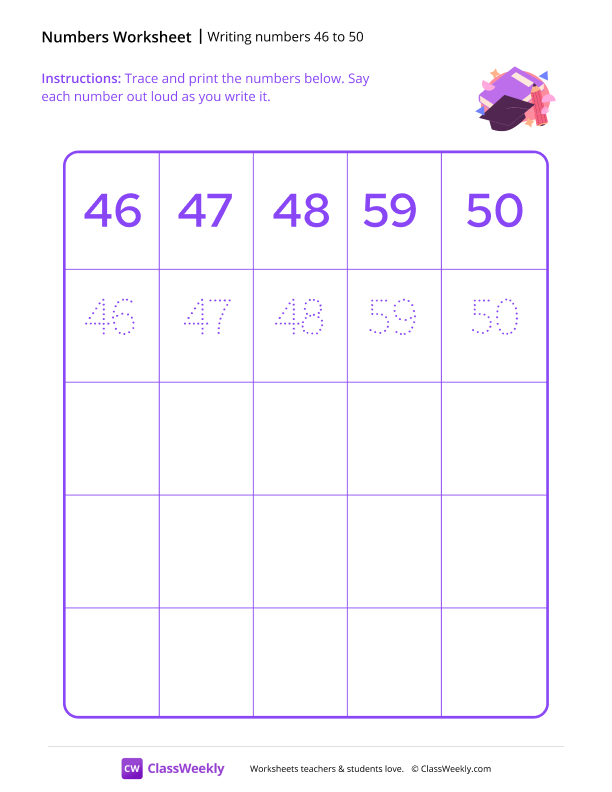 Writing numbers 46 to 50 worksheet preview