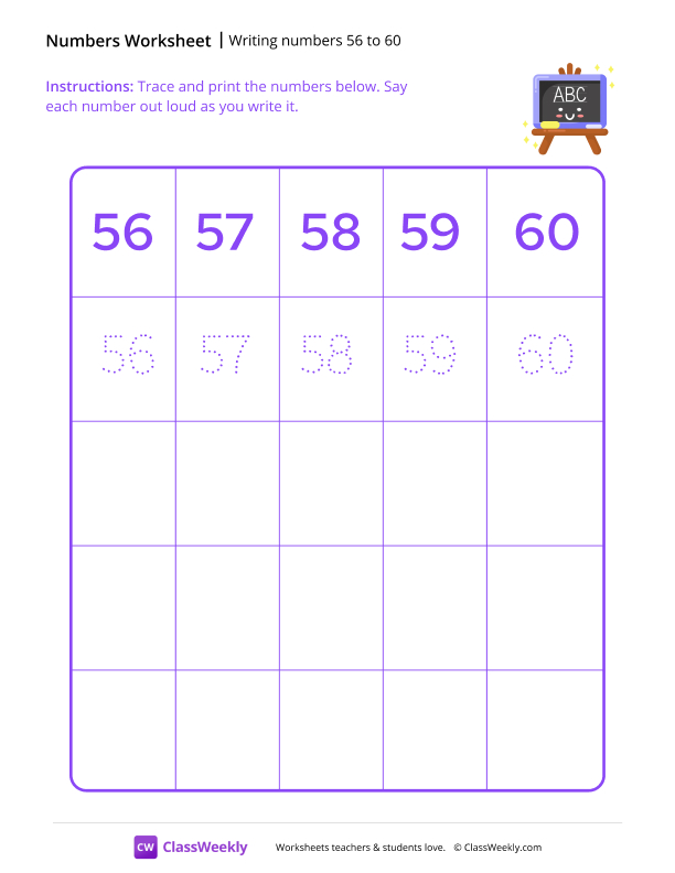 Writing numbers 56 to 60 worksheet preview