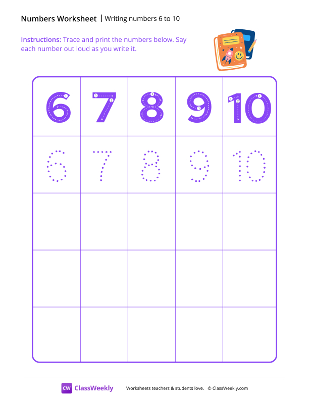 Writing numbers 6 to 10 worksheet preview