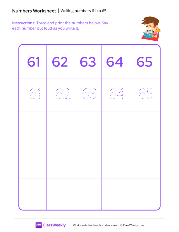 Writing numbers 61 to 65 worksheet preview