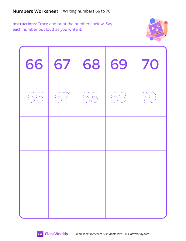 Writing numbers 66 to 70 worksheet preview