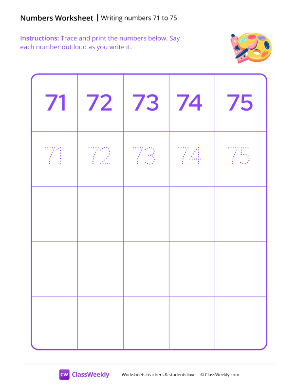 Writing numbers 71 to 75 worksheet preview