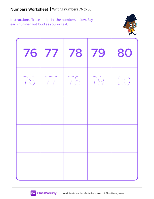 Writing numbers 76 to 80 worksheet preview