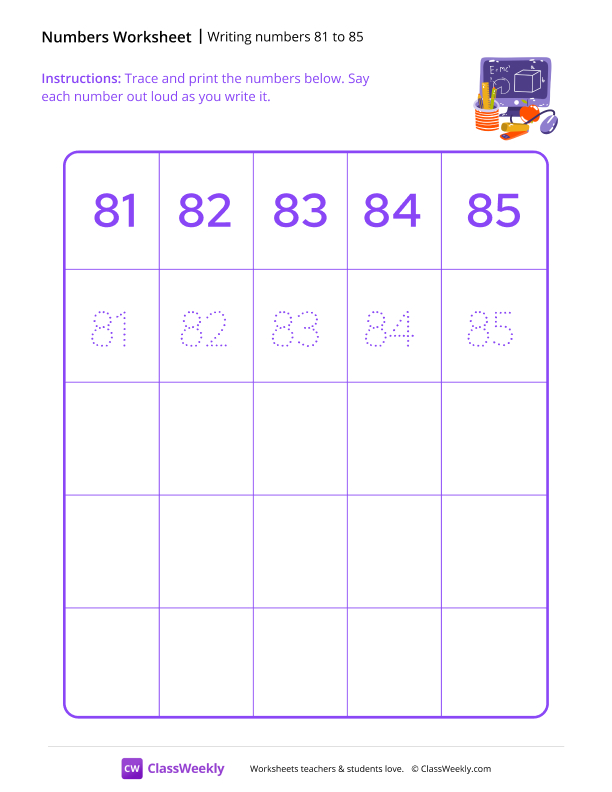 Writing numbers 81 to 85 worksheet preview
