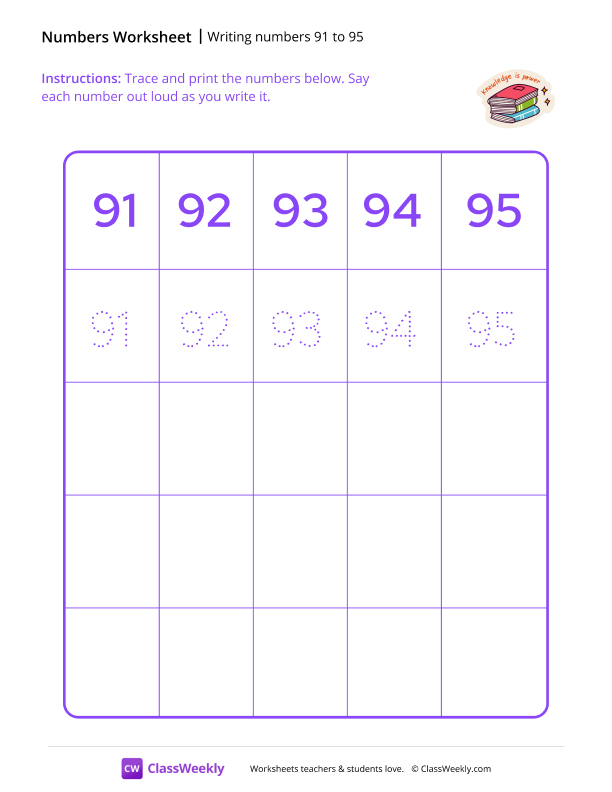 Writing numbers 91 to 95 worksheet preview