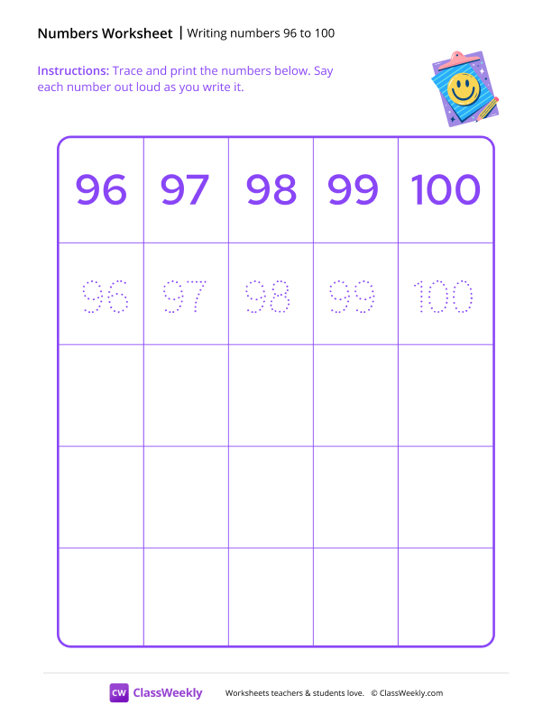 Writing numbers 96 to 100 worksheet preview