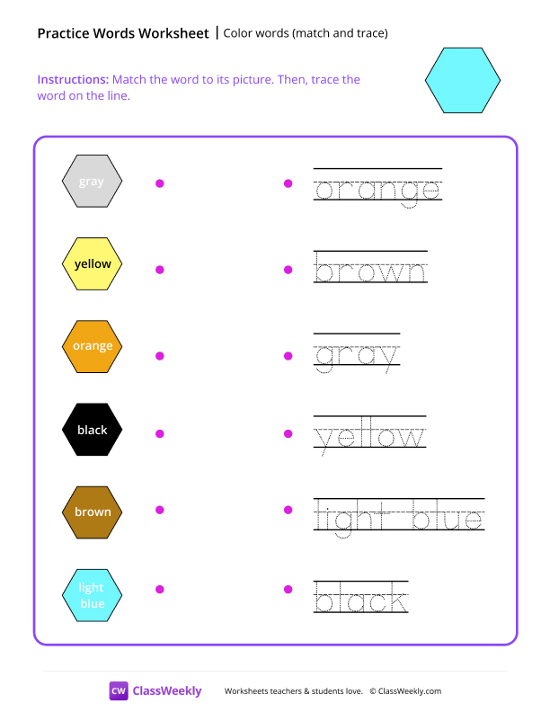 Color words (match and trace) - Blue Octagon worksheet preview