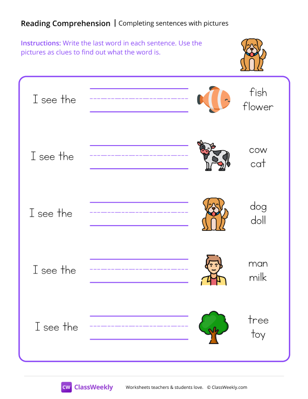 Completing Sentences With Pictures worksheet preview