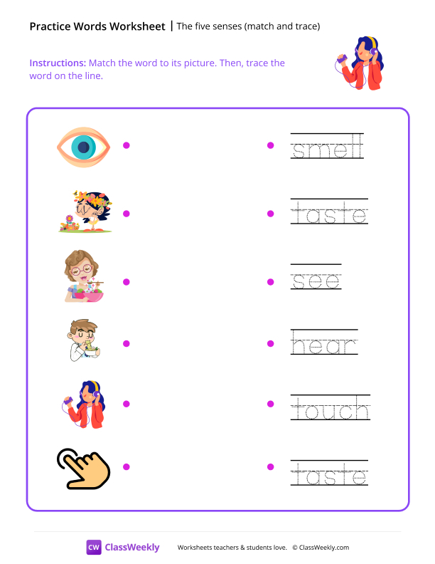 The five senses (match and trace) worksheet preview