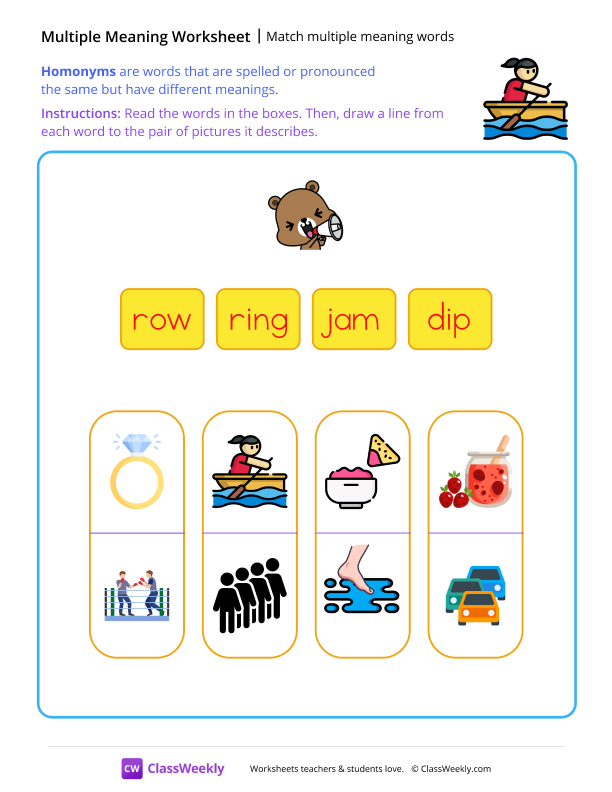 Match multiple meaning words - Row worksheet preview