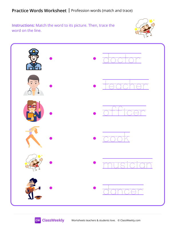 Profession words (match and trace) worksheet preview