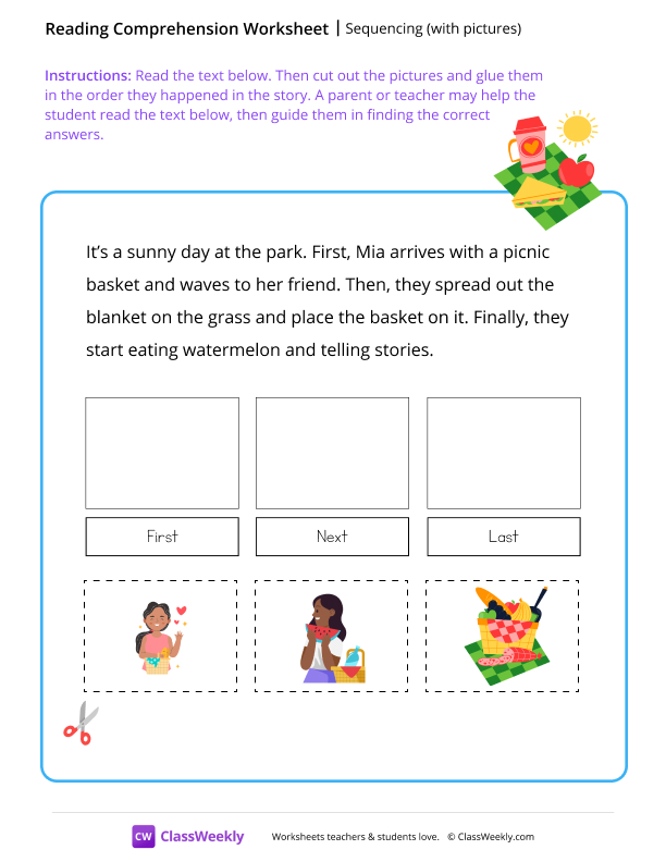 Sequencing (with pictures) - Picnic worksheet preview